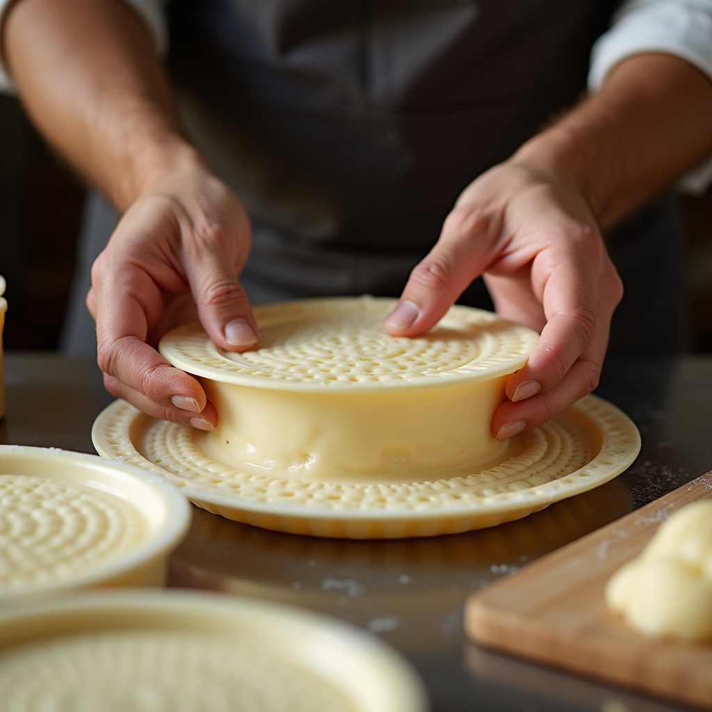 Manos moldeando queso fresco recién cuajado en un obrador artesanal
